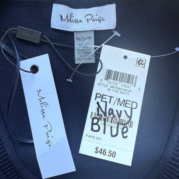 Melissa Paige Sweater Womens PM Navy Rayon Blend Ribbed Elbow Sleeve V-Neck - Picture 6 of 7